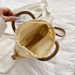 Straw Tote Bag Weave Drawstring Closure Wooden Handle Beach Shoulder Bag