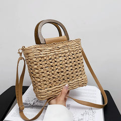 Straw Tote Bag Weave Drawstring Closure Wooden Handle Beach Shoulder Bag