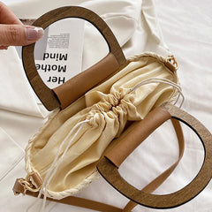 Straw Tote Bag Weave Drawstring Closure Wooden Handle Beach Shoulder Bag