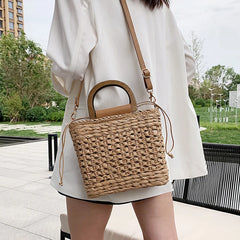 Straw Tote Bag Weave Drawstring Closure Wooden Handle Beach Shoulder Bag