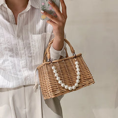 Square Rattan Shoulder Bag for Women Summer Small Totes Bag