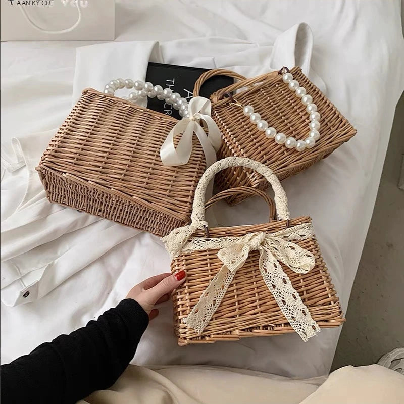 Square Rattan Shoulder Bag for Women Summer Small Totes Bag