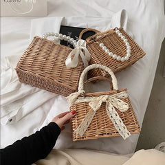Square Rattan Shoulder Bag for Women Summer Small Totes Bag