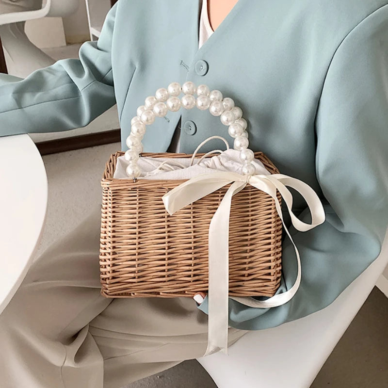 Square Rattan Shoulder Bag for Women Summer Small Totes Bag