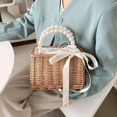 Square Rattan Shoulder Bag for Women Summer Small Totes Bag