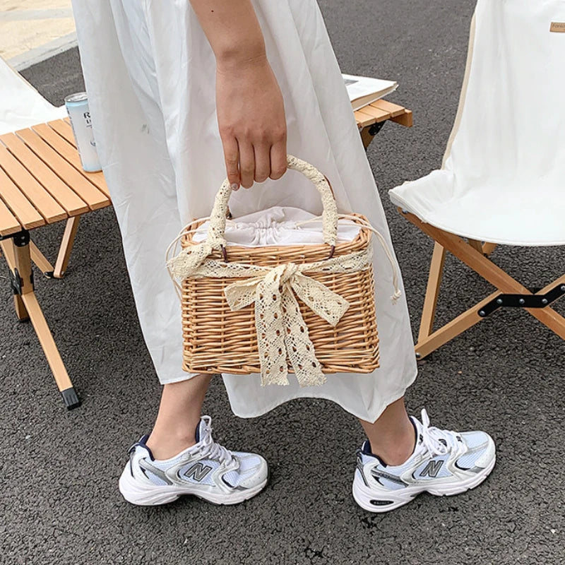 Square Rattan Shoulder Bag for Women Summer Small Totes Bag