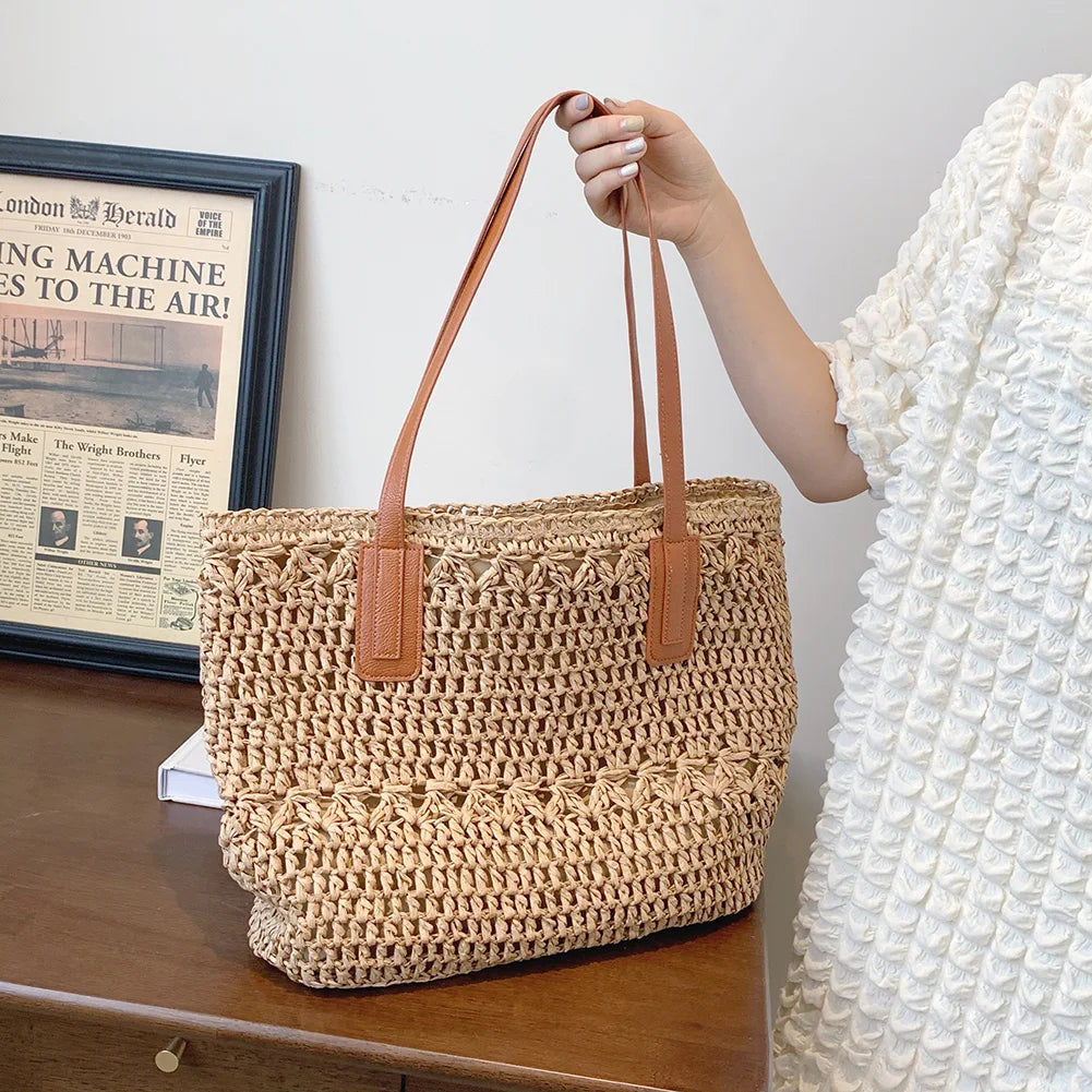Vintage Woven Shoulder Bag Bohemian Summer Vacation Shopping Pouch