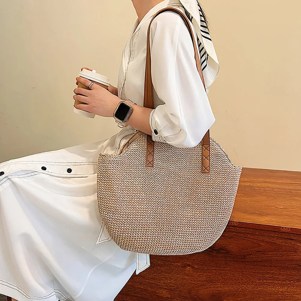 Straw Beach Women Handbag Woven Boho Vintage Summer Shoulder Top-Handle Bag