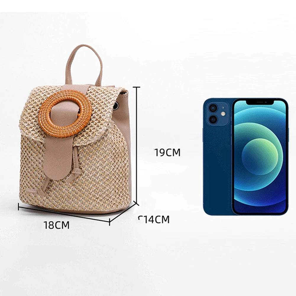 Straw Bucket Backpack Drawstring Travel Shoulder Schoolbags