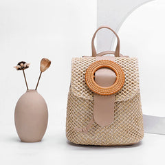 Straw Bucket Backpack Drawstring Travel Shoulder Schoolbags