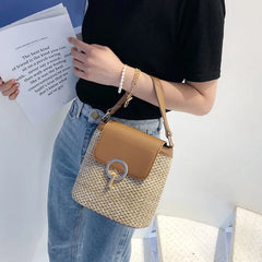 Straw Bucket Bags Women Crossbody Travel Purses Lady Summer