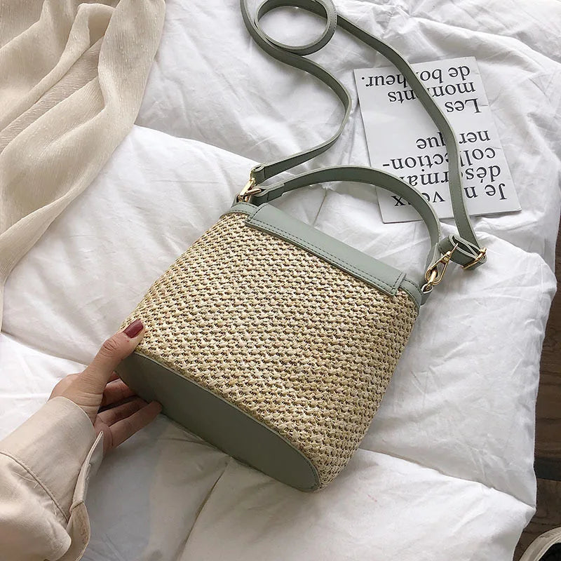 Straw Bucket Bags Women Crossbody Travel Purses Lady Summer
