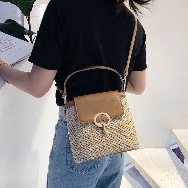 Straw Bucket Bags Women Crossbody Travel Purses Lady Summer