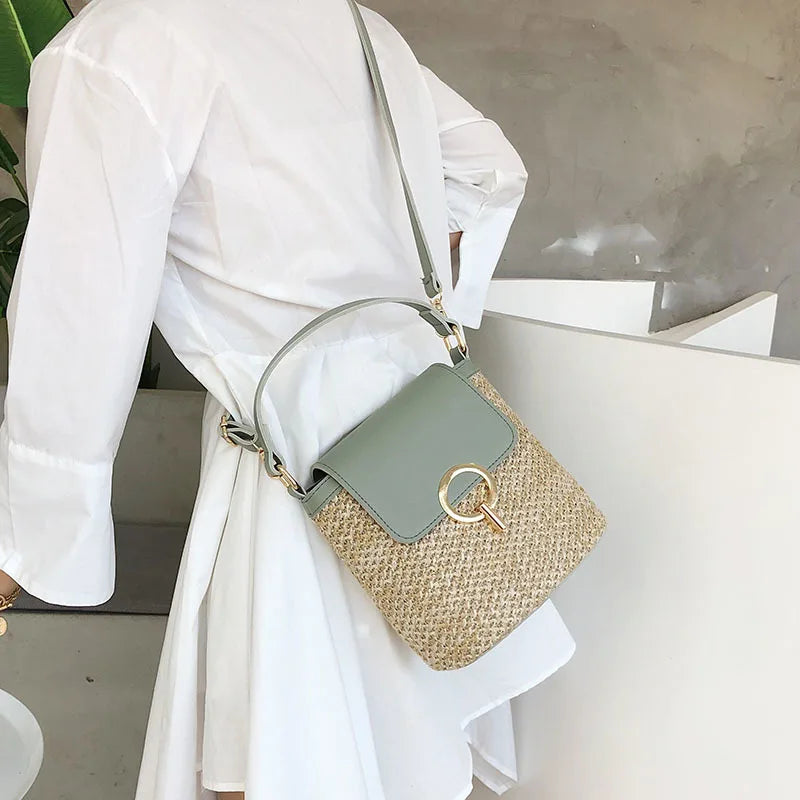 Straw Bucket Bags Women Crossbody Travel Purses Lady Summer