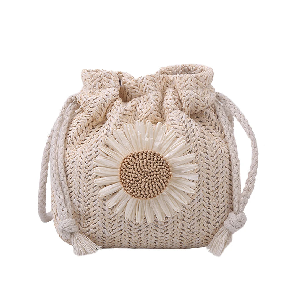Straw Bucket Shoulder Bag Rattan Woven Crossbody Purse