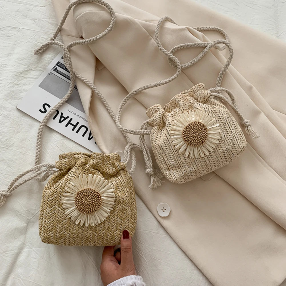 Straw Bucket Shoulder Bag Rattan Woven Crossbody Purse