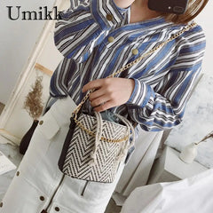Woven Straw Bucket Handbag Wood Handle Beach Tote Bag