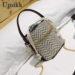 Woven Straw Bucket Handbag Wood Handle Beach Tote Bag