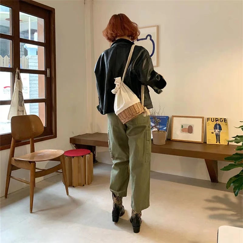 Straw Canvas Shoulder Bag Drawstring Rattan Handbag