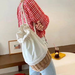 Straw Canvas Shoulder Bag Drawstring Rattan Handbag