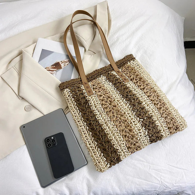 Straw Handbag Women Beach Shoulder Bag Tote Seaside Vacation Bags