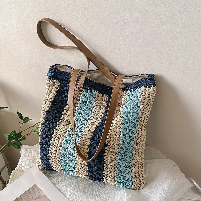 Straw Handbag Women Beach Shoulder Bag Tote Seaside Vacation Bags