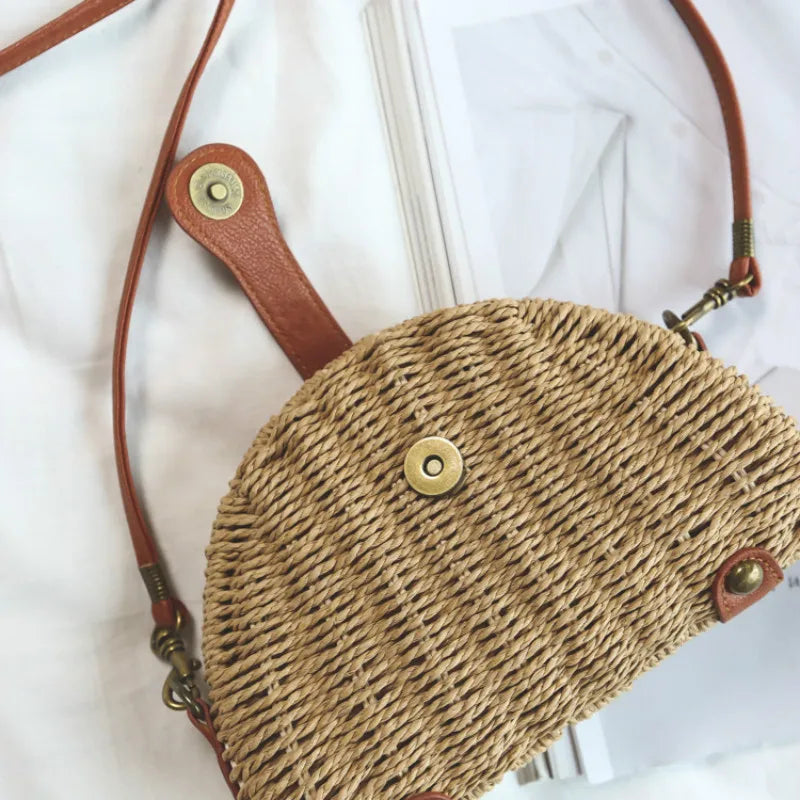 Straw Mini Messenger Bag With PU Hasp Women Summer Beach Bag Retro Purse Handbag