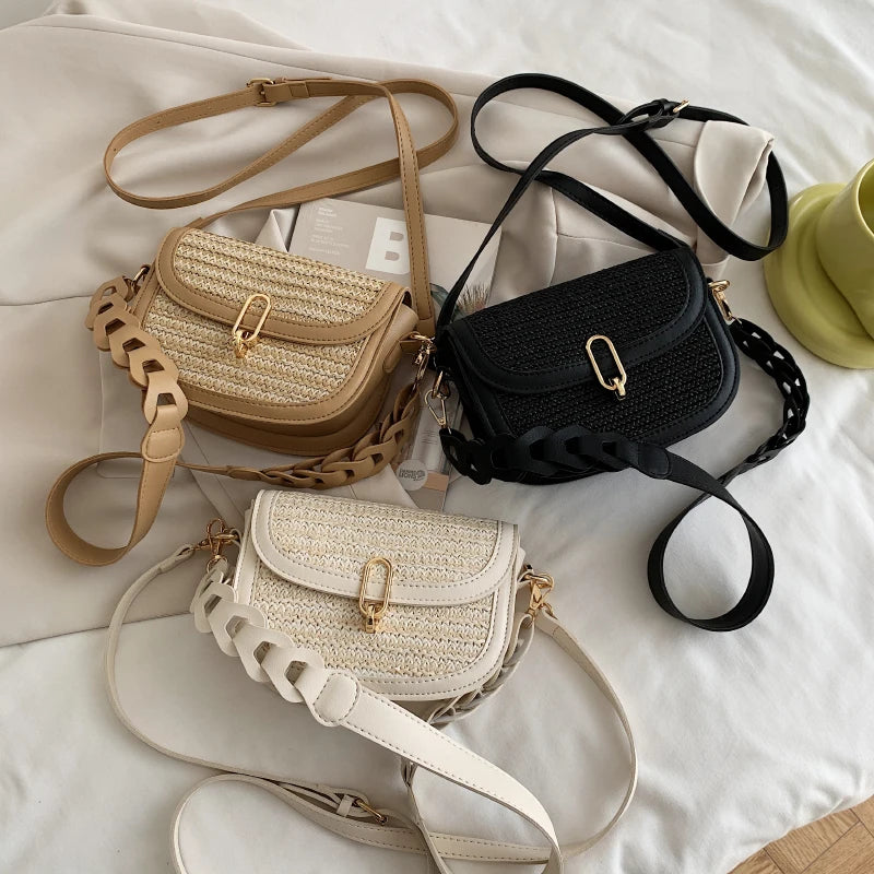 Straw Saddle Crossbody Bags for Women Lady Travel Purses Handbags