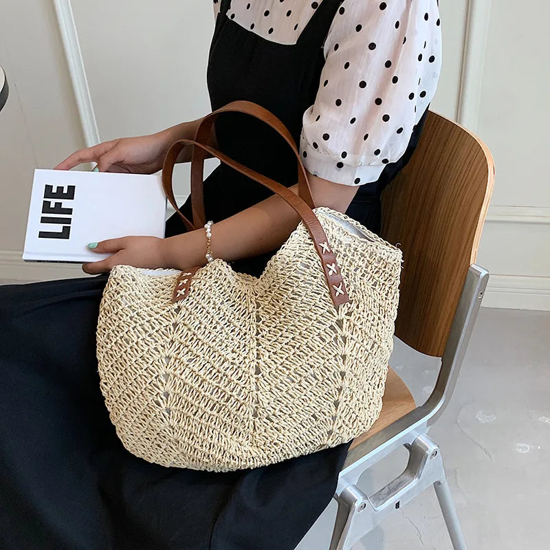 Straw Shopper Summer Bag Casual Large Capacity Hollow Woven Women Beach Tote