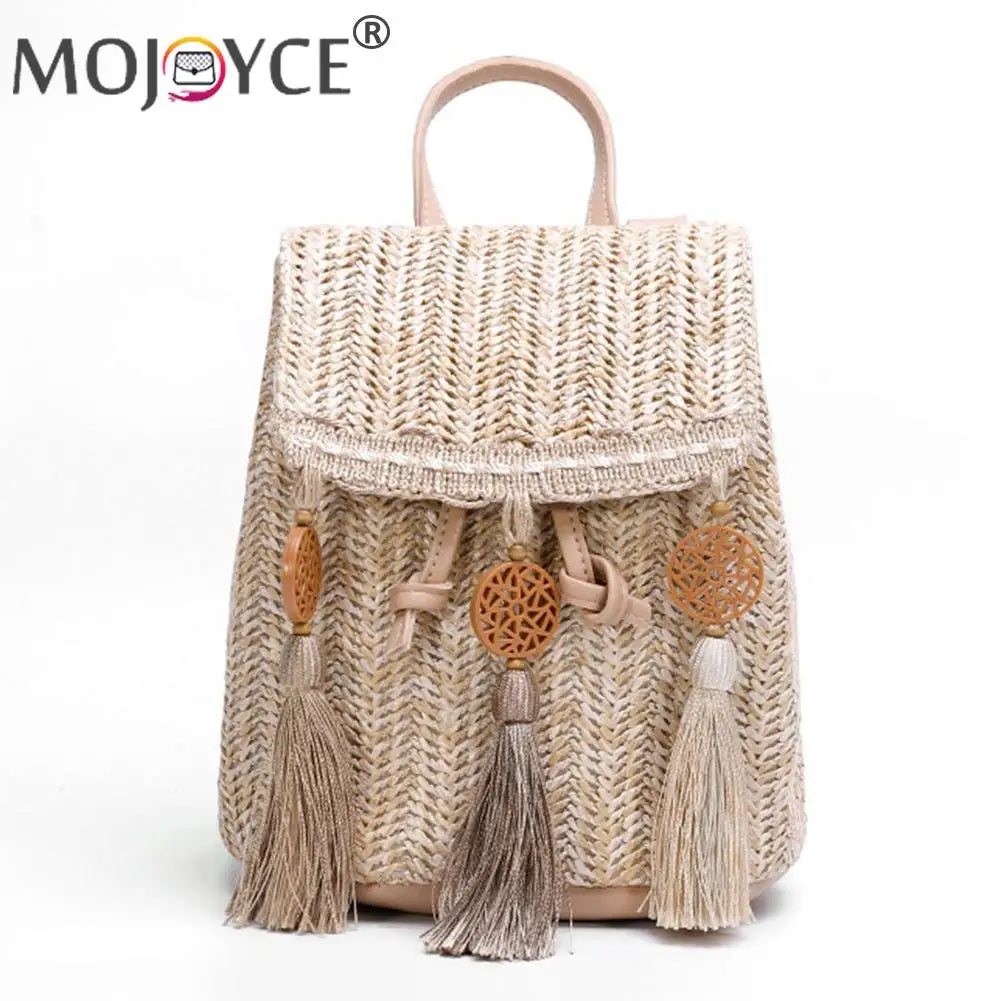 Boho Straw Backpack with Tassel Beach School Bags
