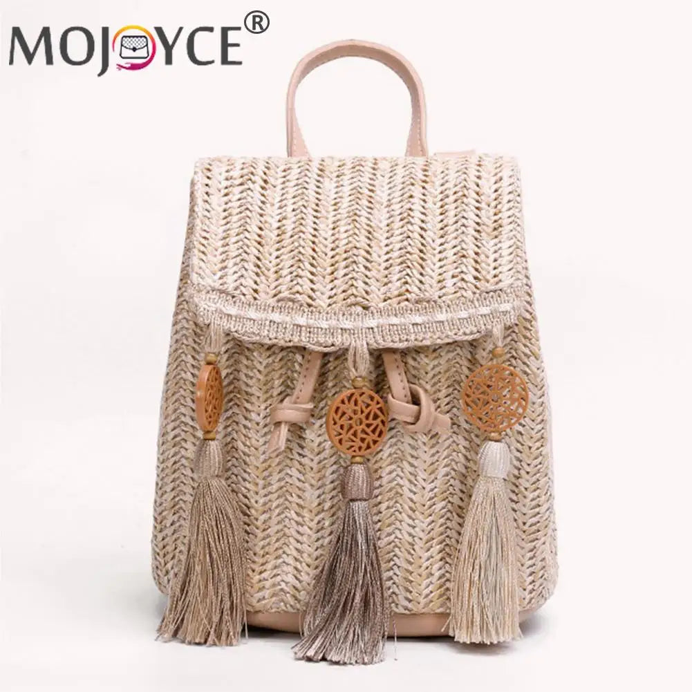 Boho Straw Backpack with Tassel Beach School Bags