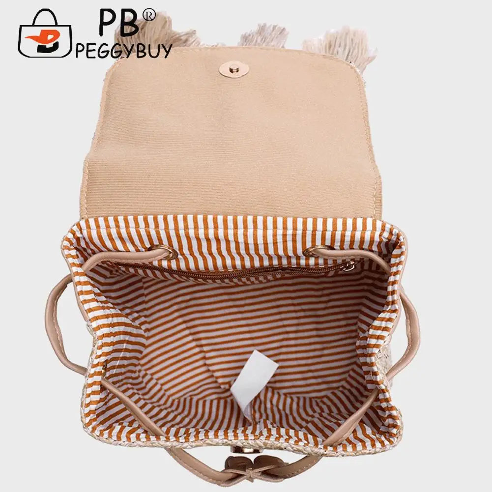 Boho Straw Shoulder Backpack with Tassel for Women