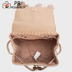 Boho Straw Shoulder Backpack with Tassel for Women