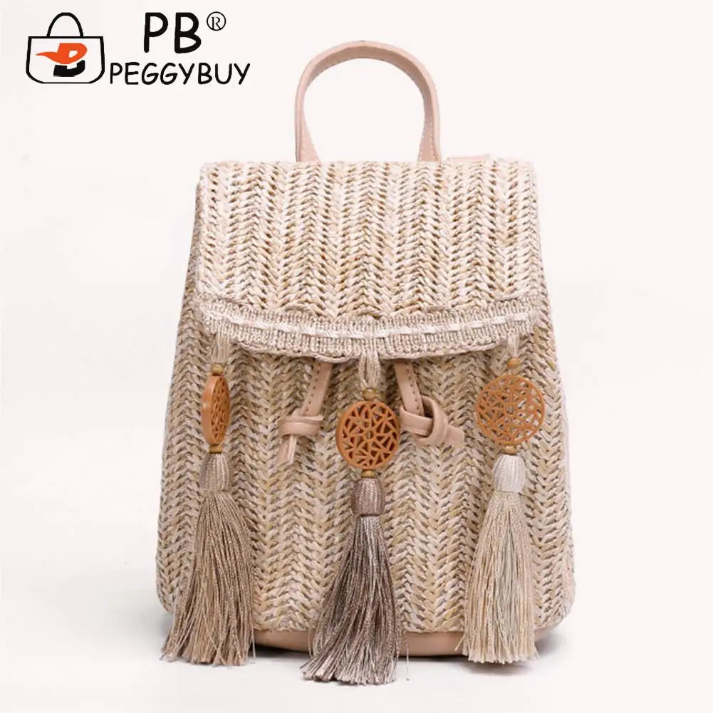 Boho Straw Shoulder Backpack with Tassel for Women