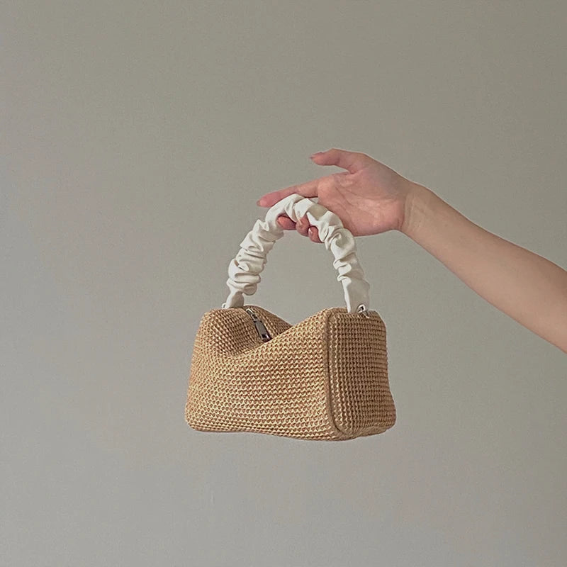 Straw Shoulder Bag Women Casual Purse Handbags Vintage Weave Frilled Handle