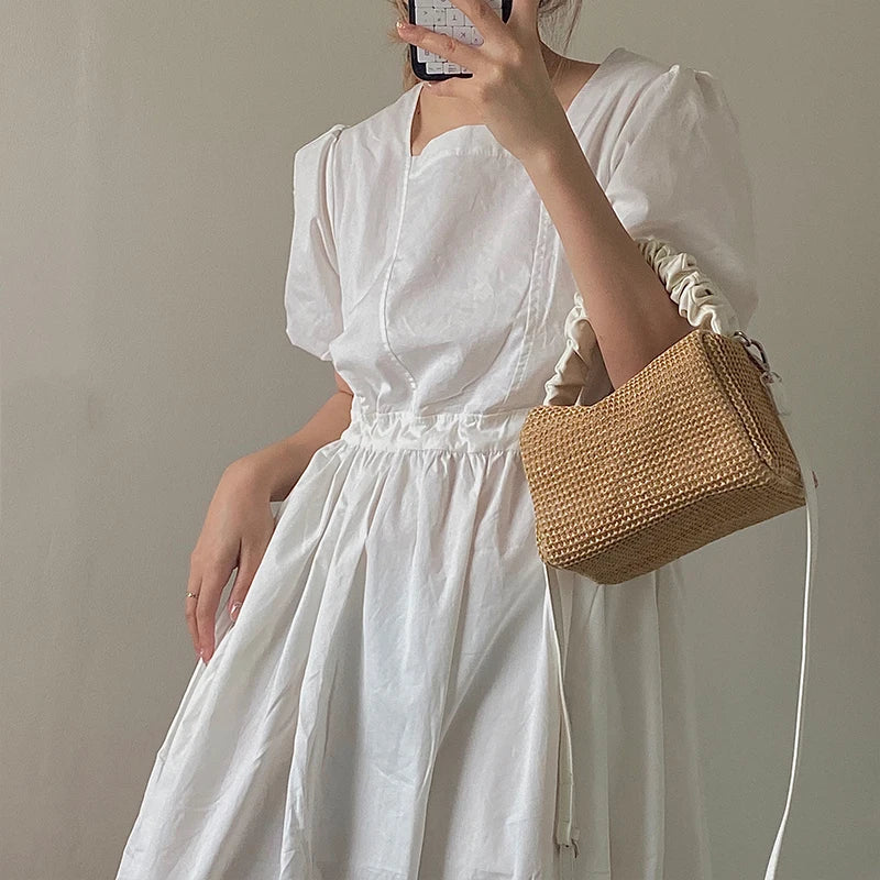 Straw Shoulder Bag Women Casual Purse Handbags Vintage Weave Frilled Handle