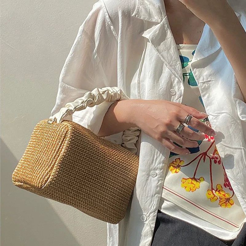 Straw Shoulder Bag Women Casual Purse Handbags Vintage Weave Frilled Handle