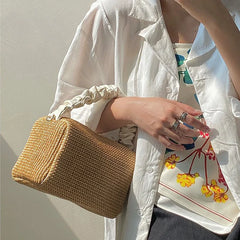 Straw Shoulder Bag Women Casual Purse Handbags Vintage Weave Frilled Handle