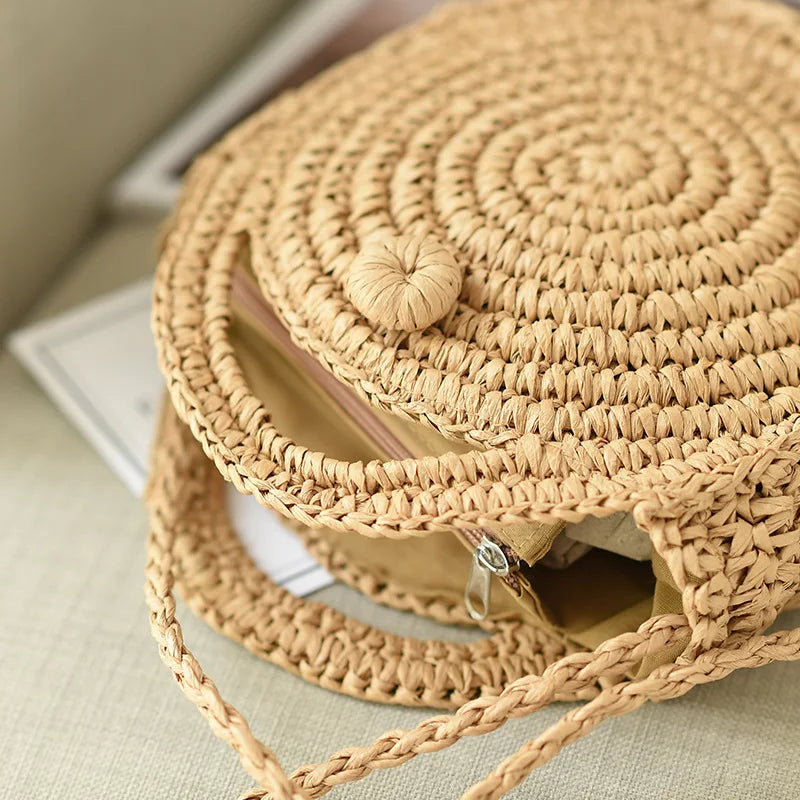 Straw Shoulder Bags Women Vintage Holiday Beach Bag Ladies Circular Handbags