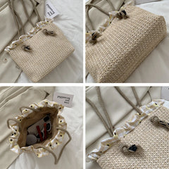 Straw Shoulder Bags Women Ruched Summer Beach Holiday Travel Large Capacity Hand