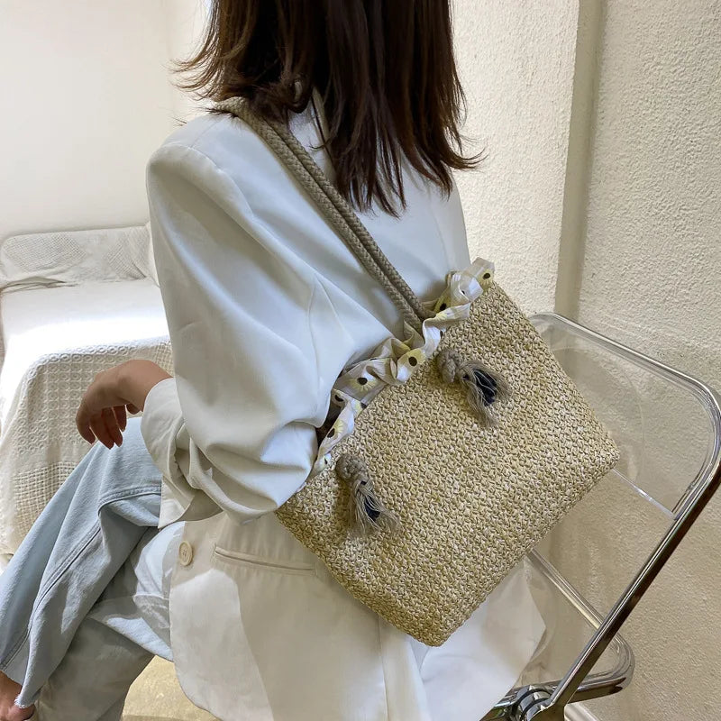 Straw Shoulder Bags Women Ruched Summer Beach Holiday Travel Large Capacity Hand