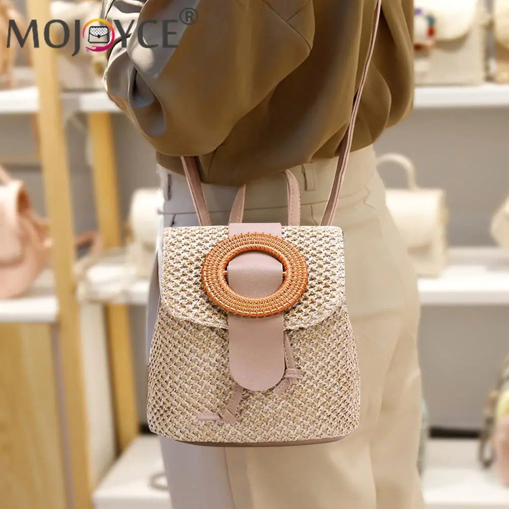 Straw Weave Bucket Backpack Summer Beach Women Female Belt Bucket