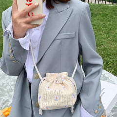 Straw Weave Bucket Bags Rattan Women Beach Shoulder Bags Casual Retro Mini