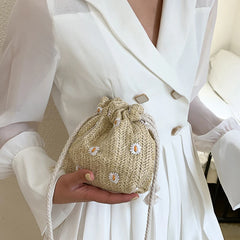 Straw Weave Bucket Bags Rattan Women Beach Shoulder Bags Casual Retro Mini