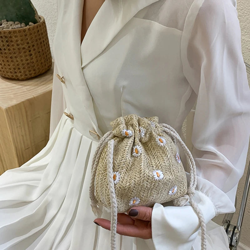 Straw Weave Bucket Bags Rattan Women Beach Shoulder Bags Handbags