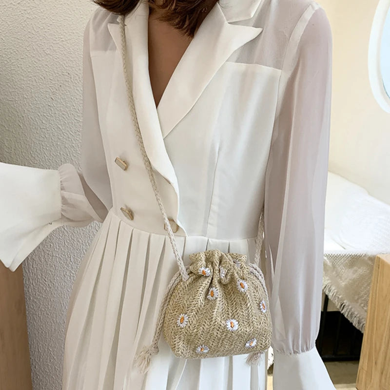Straw Weave Bucket Bags Rattan Women Beach Shoulder Bags Handbags