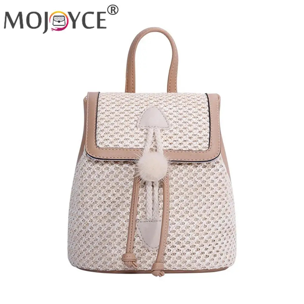 Straw Woven Backpack Beach Women Leather Pompom Travel Shoulder Bag