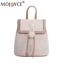 Straw Woven Backpack Beach Women Leather Pompom Travel Shoulder Bag