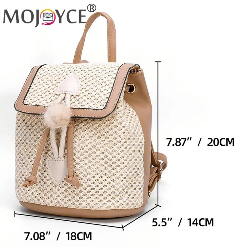 Straw Woven Backpack Beach Women Leather Pompom Travel Shoulder Bag