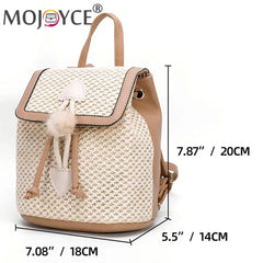 Straw Woven Backpack Beach Women Leather Pompom Travel Shoulder Bag